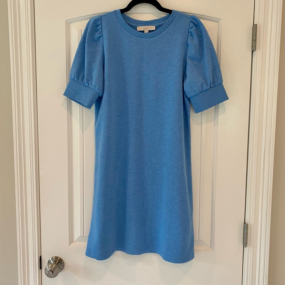 LOFT Blue Shift T-Shirt Dress with Puff Sleeves